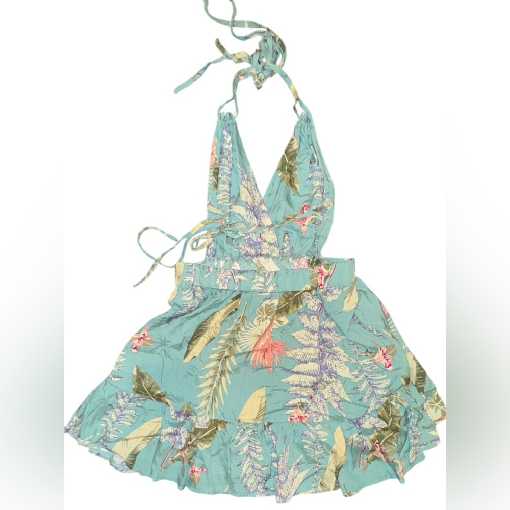 NWOT SHEIN Extra Small Green Blue Multi Tropical Print Halter Tie Back Sexy Mini - Picture 6 of 7